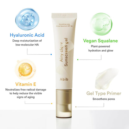 Abib Airy Clear Sunscreen Gel SPF30 1.01 fl.oz / 30 g (Semi- matte) | Korean Suncreen, Suncare, Sunblock, No White cast, Reef Safe, Primer poreless